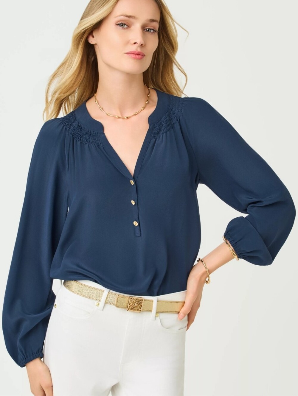 Lilly Pulitzer Elsa Solid Silk Top Navy Blue Three Button Classic Chic Elegant